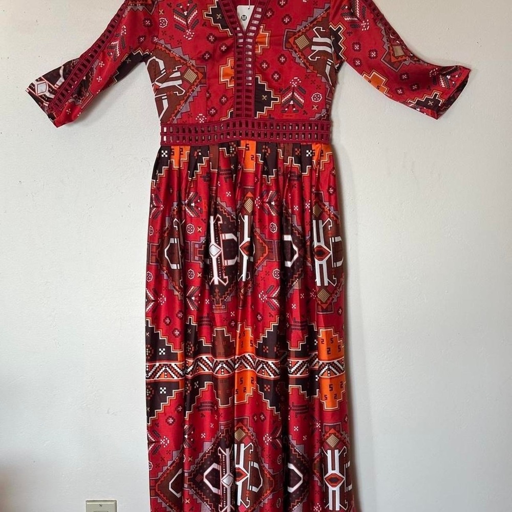 NWT‎ Red, orange, and brown geometric pattern maxi dress with bell sleeves